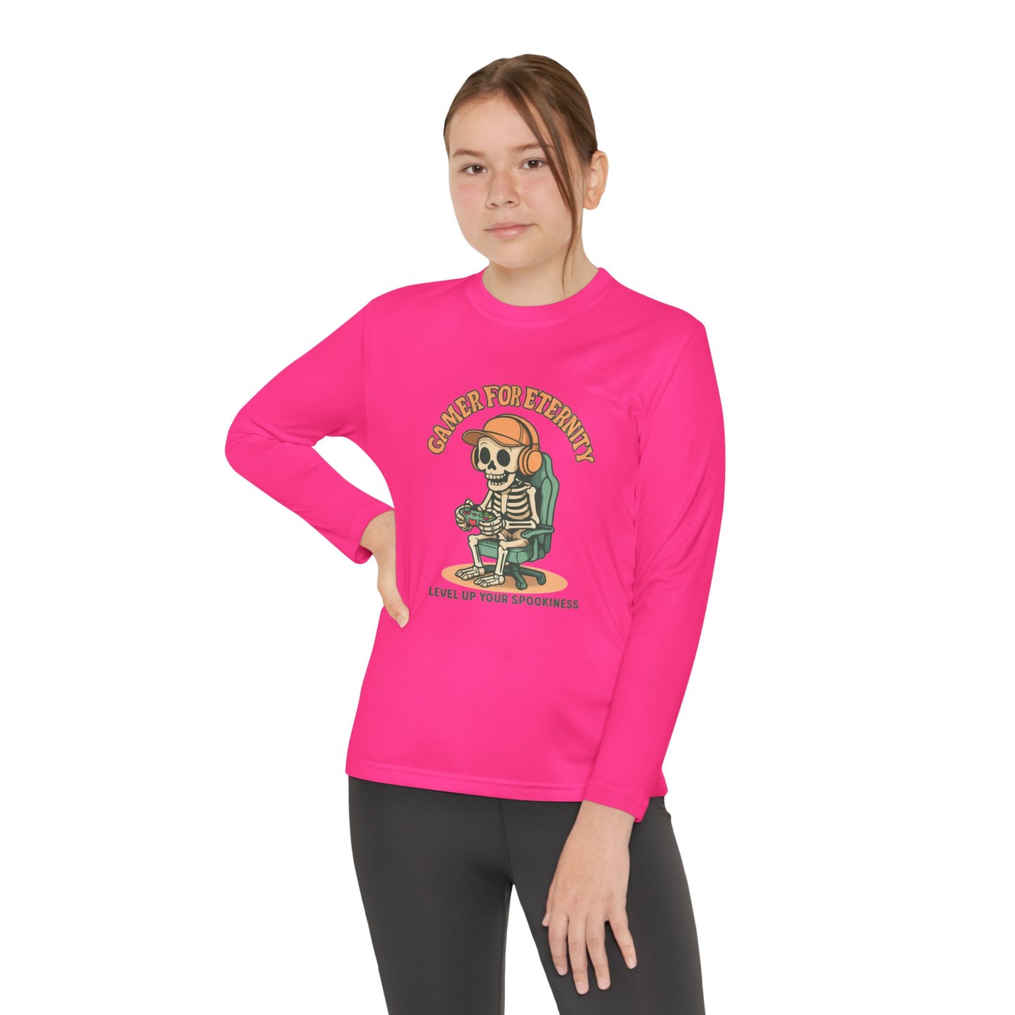 Youth Long Sleeve Gamer Tee | Spooky Skeleton Theme, Perfect for Halloween or Gaming Events, Kids Graphic Shirt, Unisex Casual Wear, Kids Long Sleeves