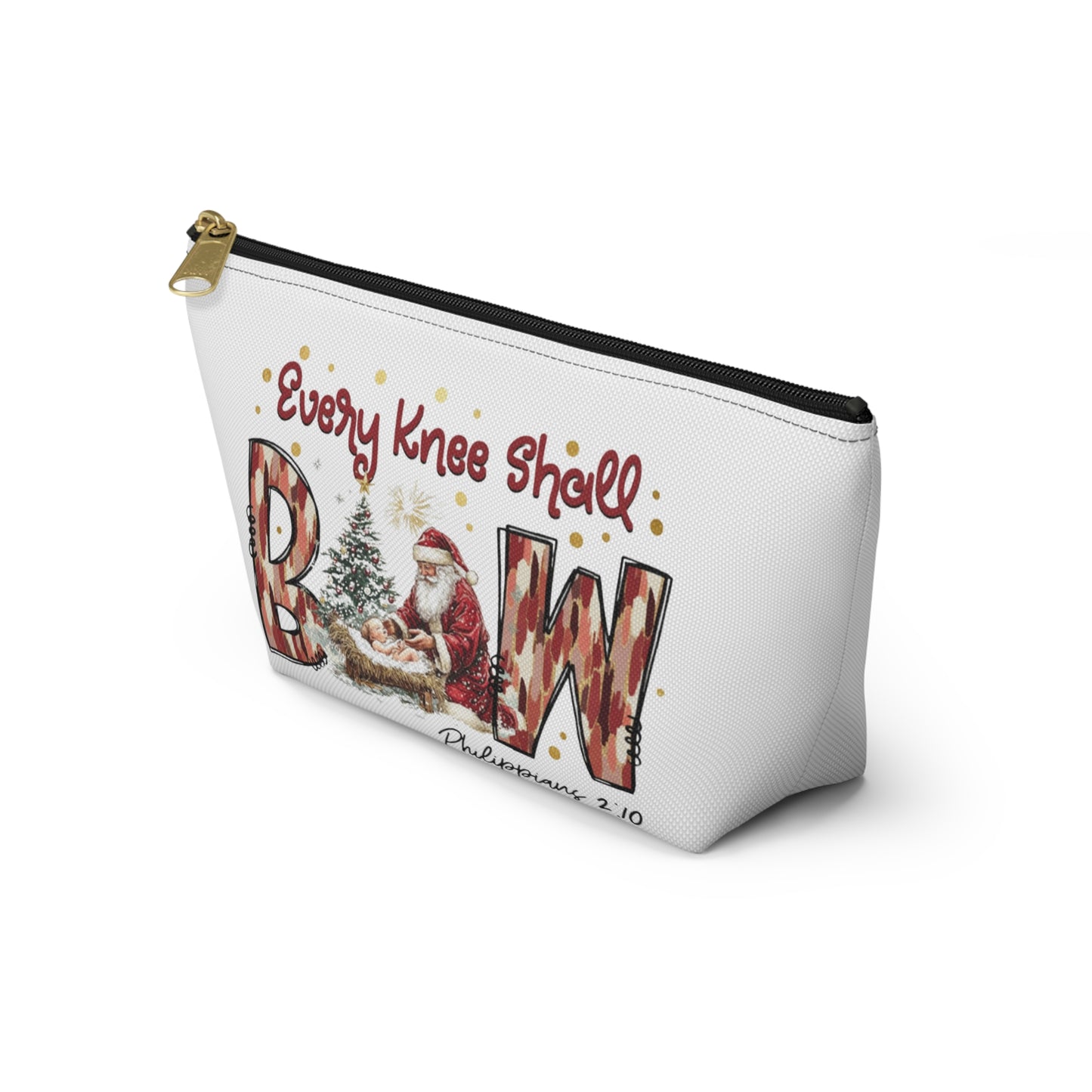 Every Knee Shall Bow Philippians 2:10 | Christian Christmas Design with Santa & Baby Jesus | Faith-Based Holiday Gift Zip Pouches
