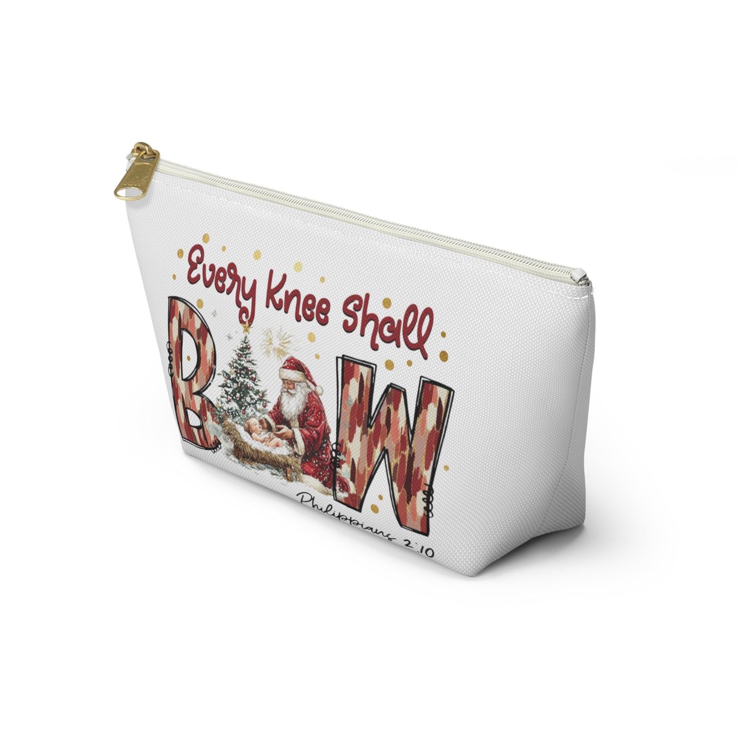 Every Knee Shall Bow Philippians 2:10 | Christian Christmas Design with Santa & Baby Jesus | Faith-Based Holiday Gift Zip Pouches