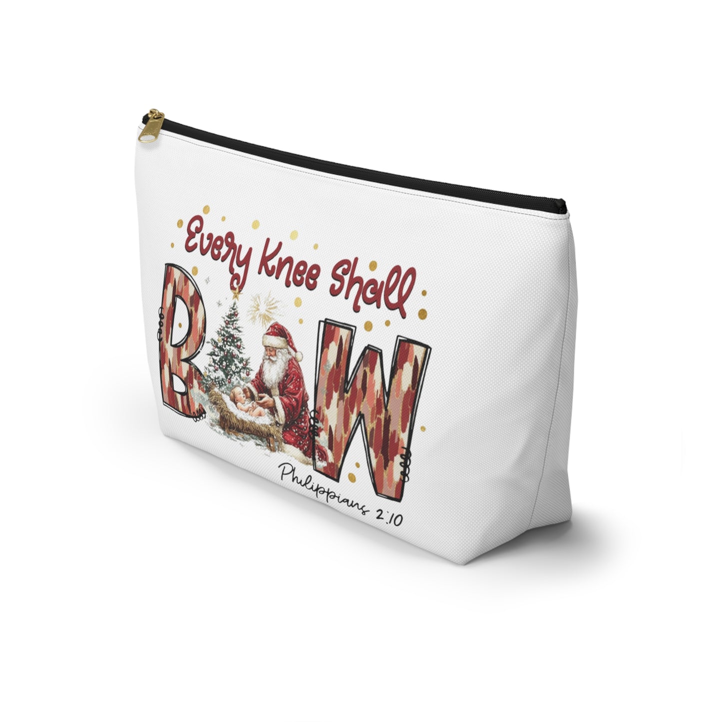 Every Knee Shall Bow Philippians 2:10 | Christian Christmas Design with Santa & Baby Jesus | Faith-Based Holiday Gift Zip Pouches