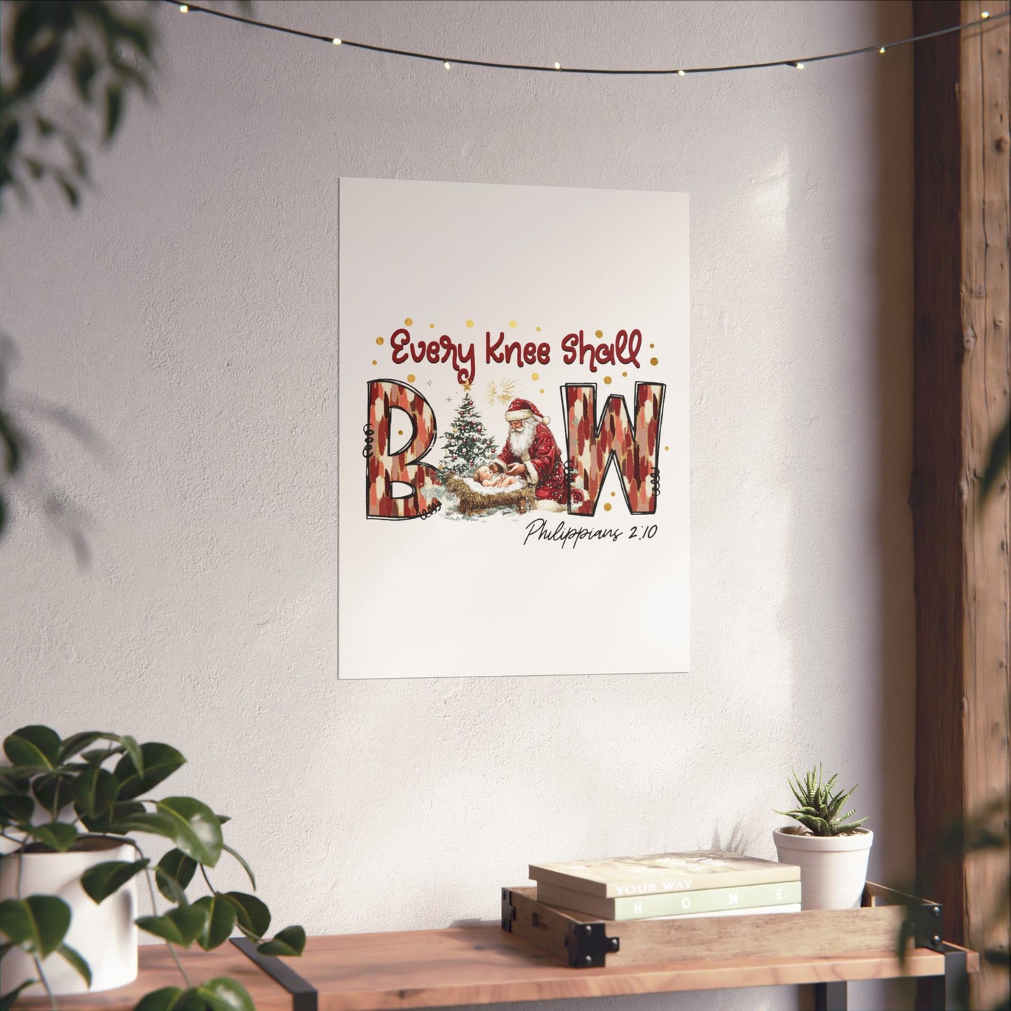 Every Knee Shall Bow Philippians 2:10 | Christian Christmas Design with Santa & Baby Jesus | Faith-Based Holiday Gift Poster