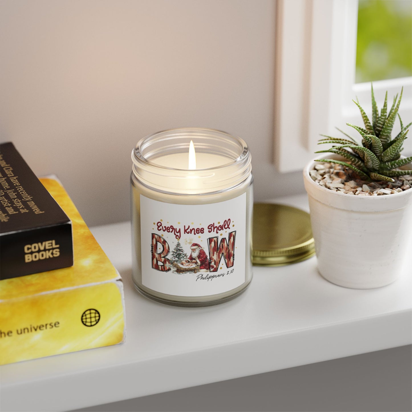 Every Knee Shall Bow Philippians 2:10 | Christian Christmas Design with Santa & Baby Jesus | Faith-Based Holiday Gift Candle