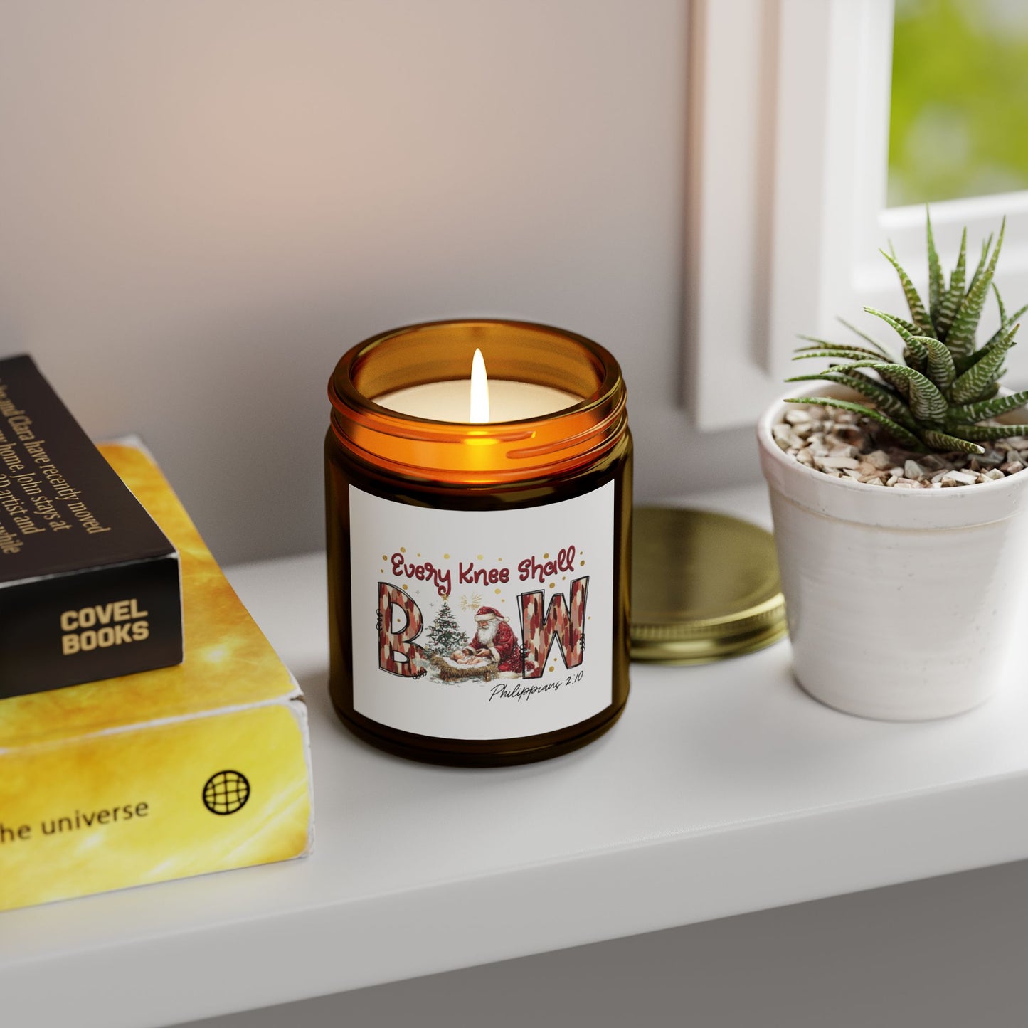 Every Knee Shall Bow Philippians 2:10 | Christian Christmas Design with Santa & Baby Jesus | Faith-Based Holiday Gift Candle
