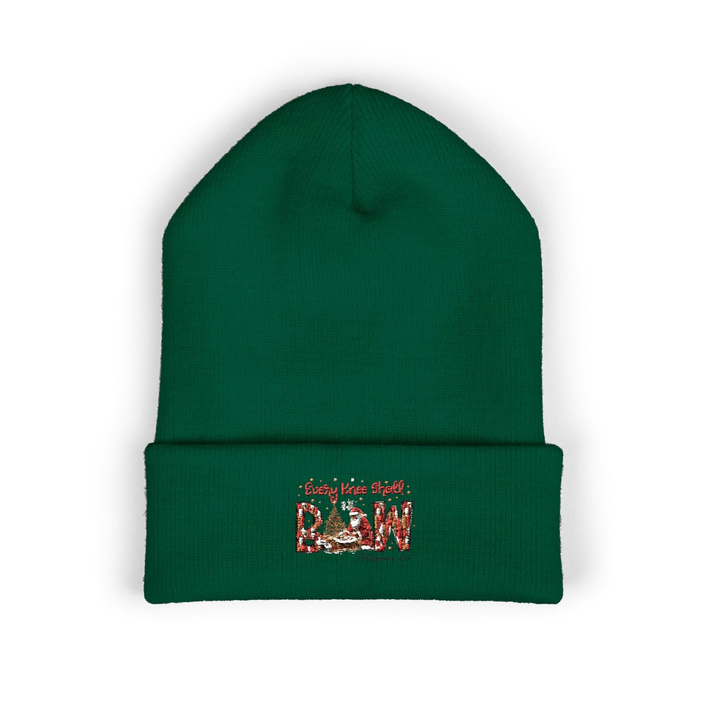 Every Knee Shall Bow Philippians 2:10 | Christian Christmas Design with Santa & Baby Jesus | Faith-Based Holiday Gift Cuffed Beanie